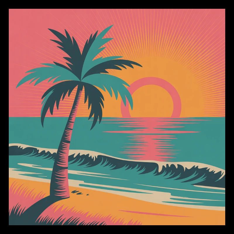 Retro Sunset Palm Over Ocean