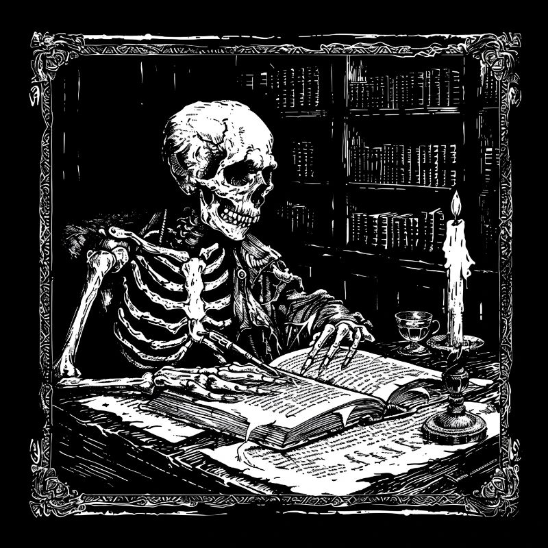 Skelett am Lese-Tisch Bücherwurm Leseratte