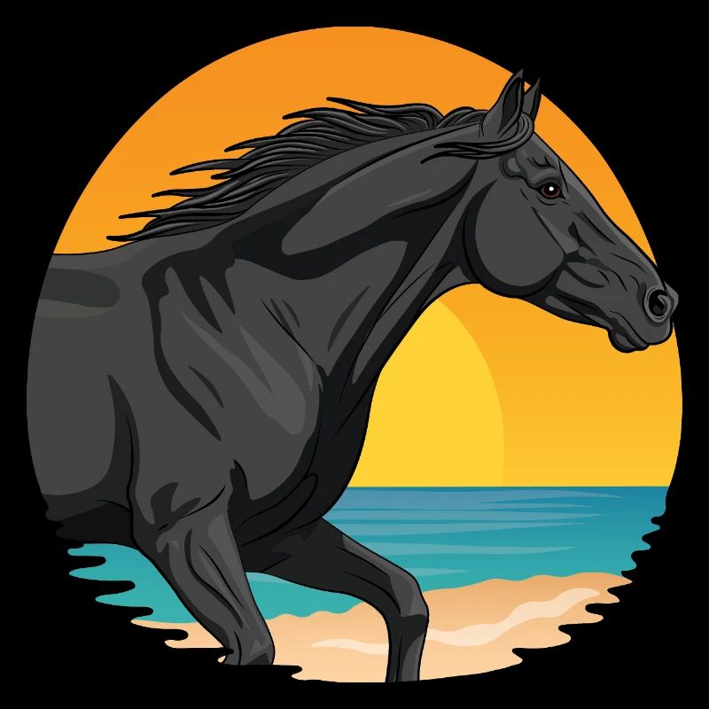 Un cheval Abaga au galop devant un soleil couchant