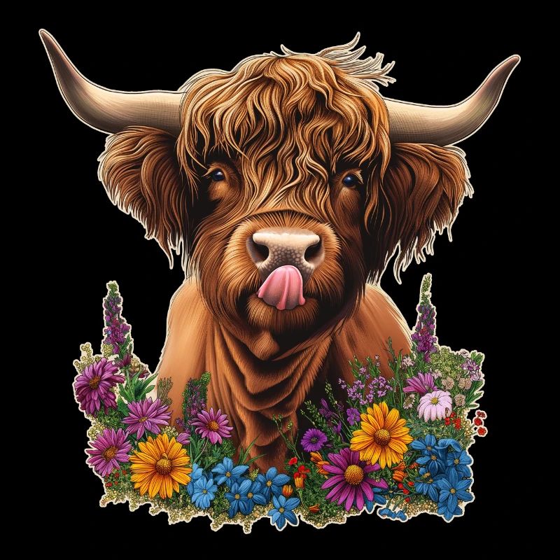 Hochlandrind mit Blumen