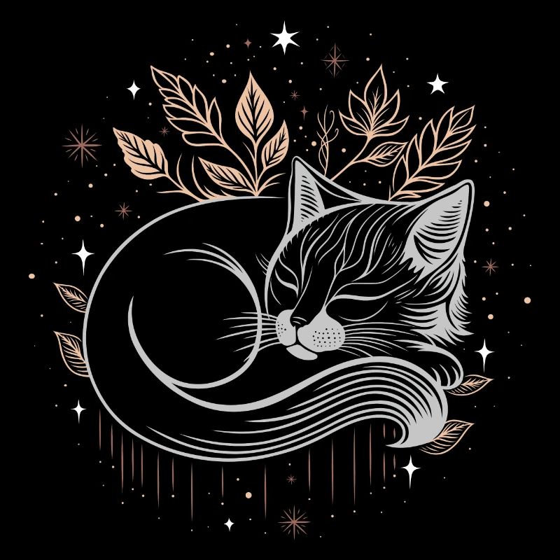 Chat endormi dans le feuillage - Nuit d’automne mystique