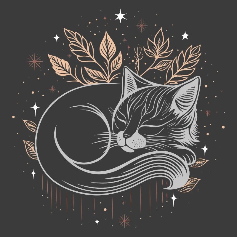 Chat endormi dans le feuillage - Nuit d’automne mystique