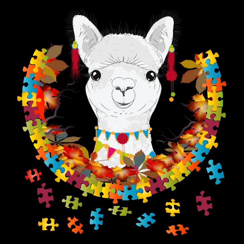 decorated alpaca in an autumnal setting