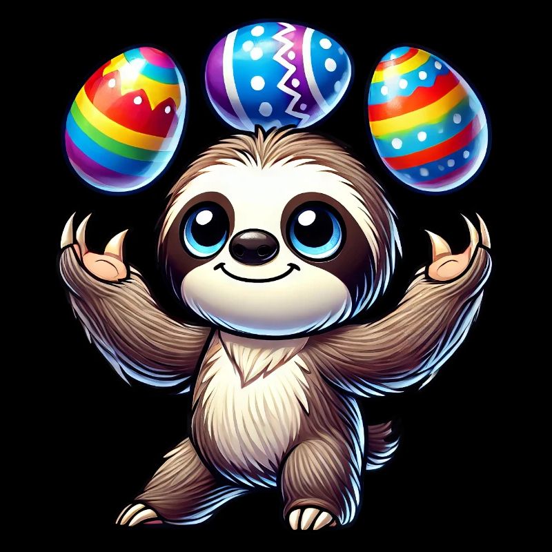 Sloth juggles Easter eggs colorful funny