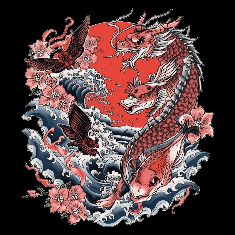 Koi, Vagues et Fleurs de cerisier