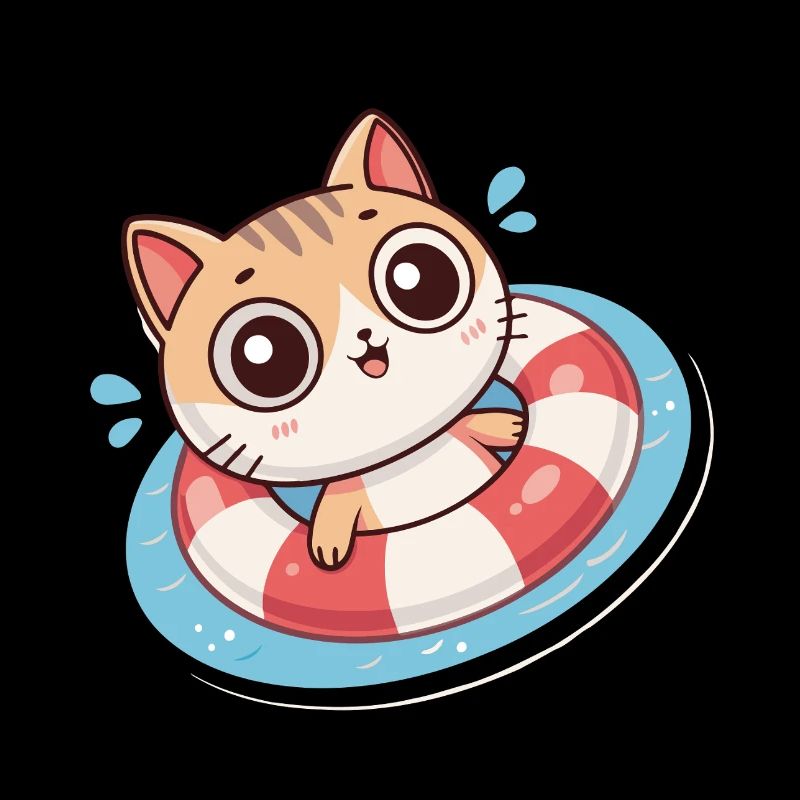 Chat Kawaii Dans Bouée Rouge