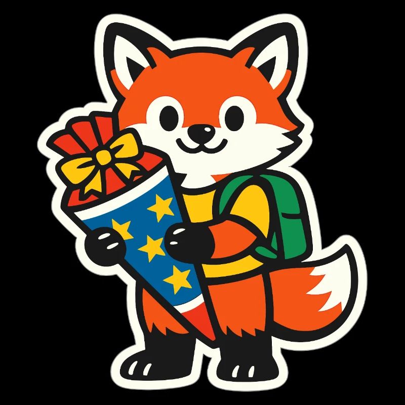 Fox with gift and backpack school enrollment