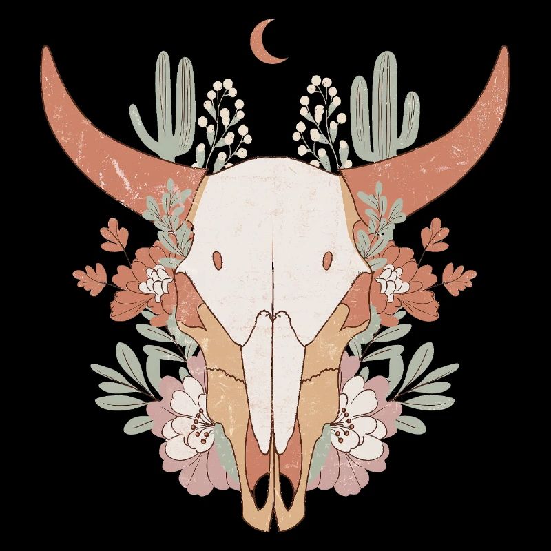 Kuh Schädel mit Blumen Western Boho Print