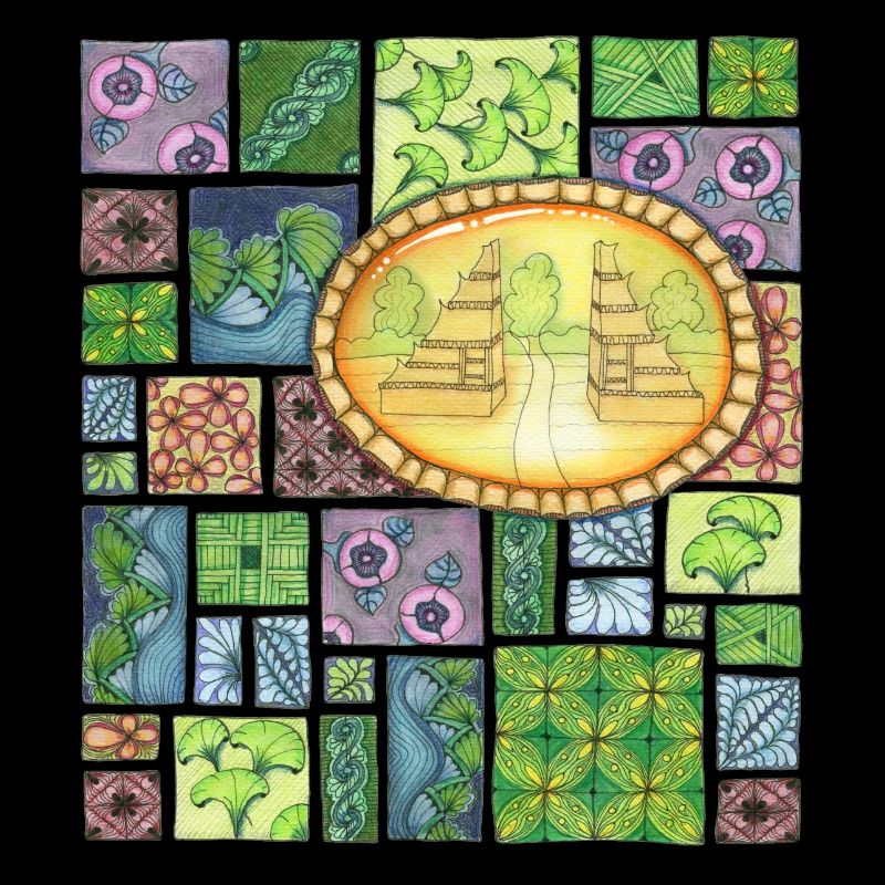 Temple de Bali sur patchwork de motifs