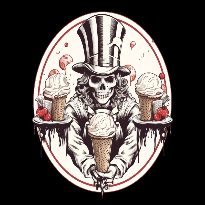 Crâne avec cornet de glace et chapeau haut de forme