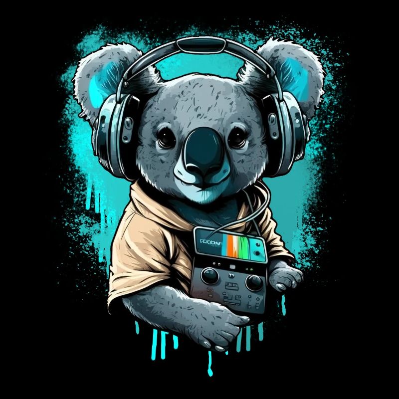 koala avec écouteurs et Walkman