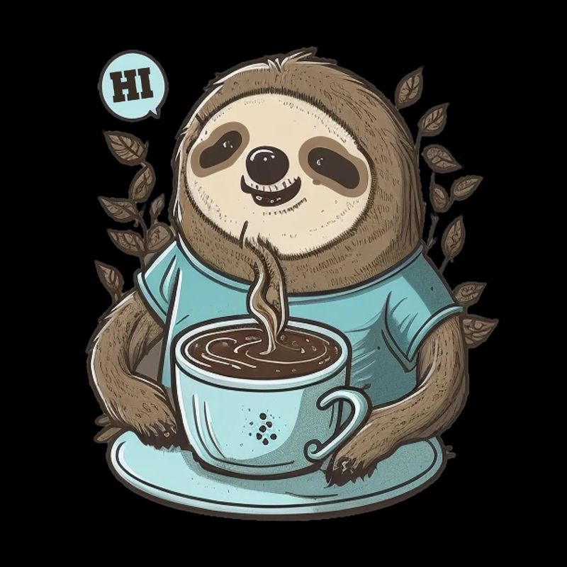 friendly sloth with fragrant coffee says HI