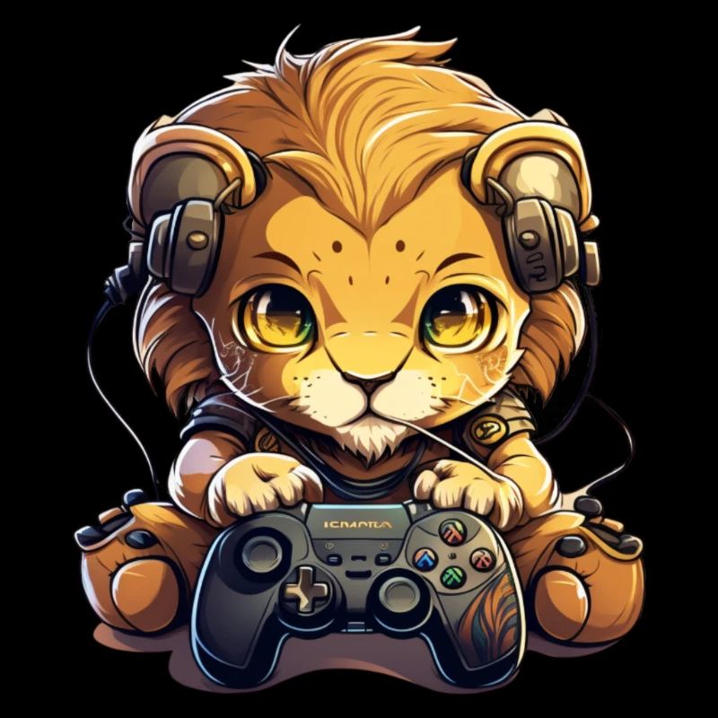 Gamer Lion mit Kopfhörern