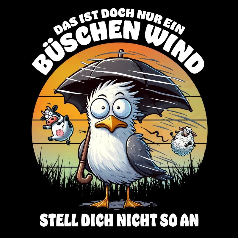 Lustige Möwe im Sturm Lustiger Spruch Büschen Wind