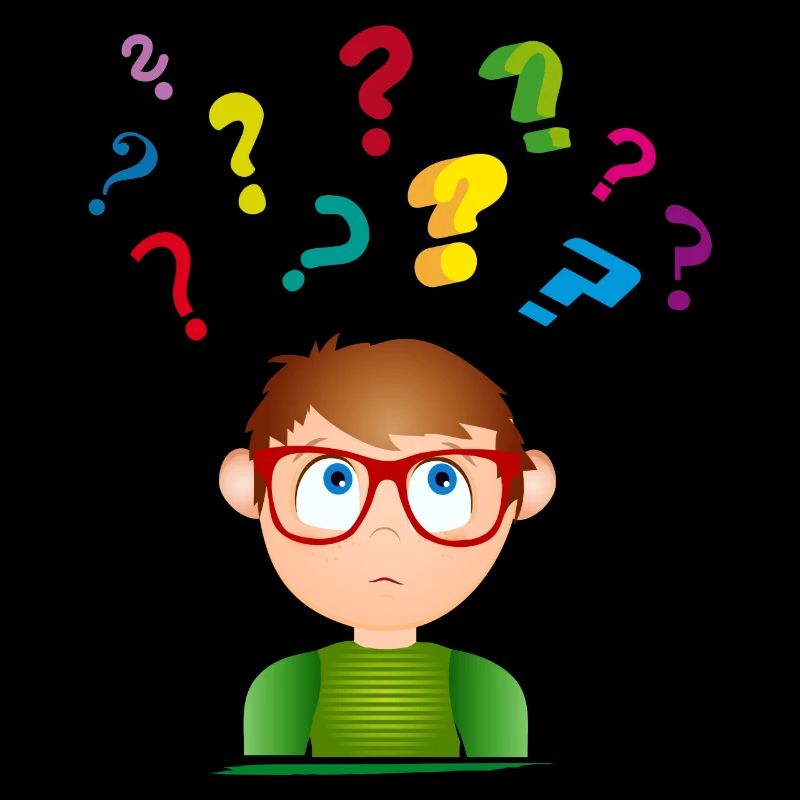 Boy with glasses with many colorful question marks