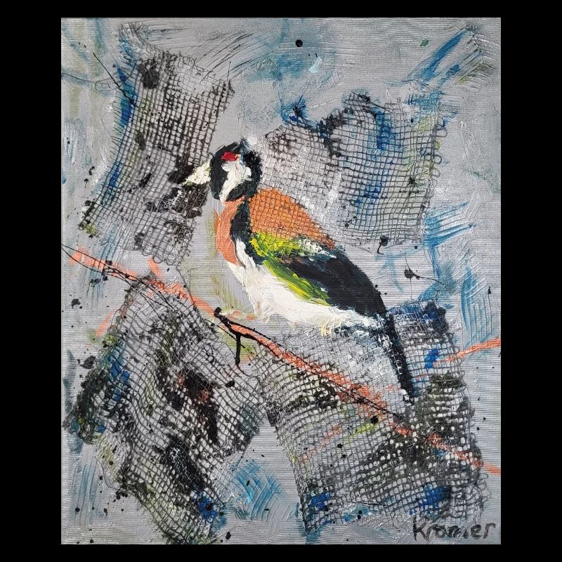 Acrylic painting with Stiglitz on tree branch