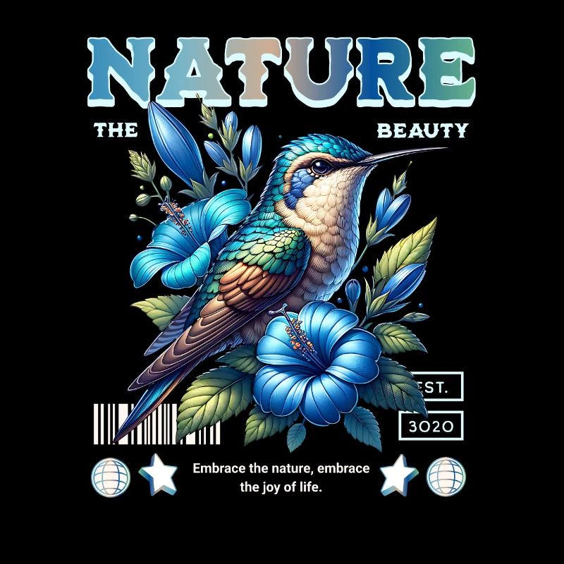 Blauer Kolibri mit Blüten Naturkunst