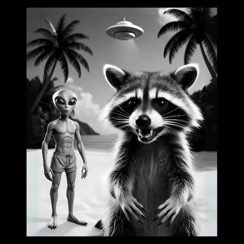 Waschbär macht ein Selfie am Strand mit Alien