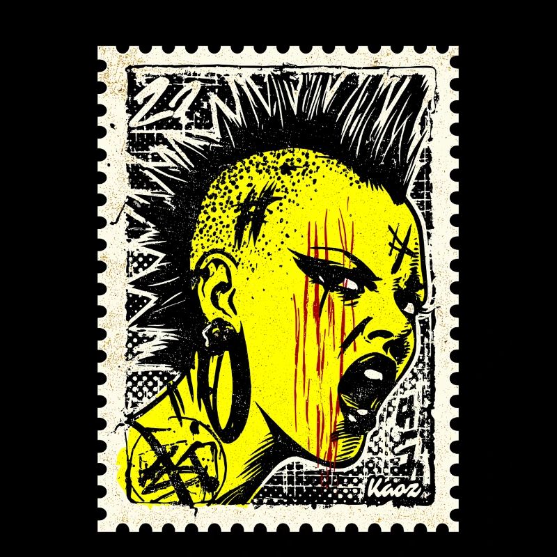 Wild punk woman with mohawk and anger on postage stamp