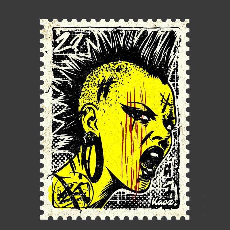Wild punk woman with mohawk and anger on postage stamp