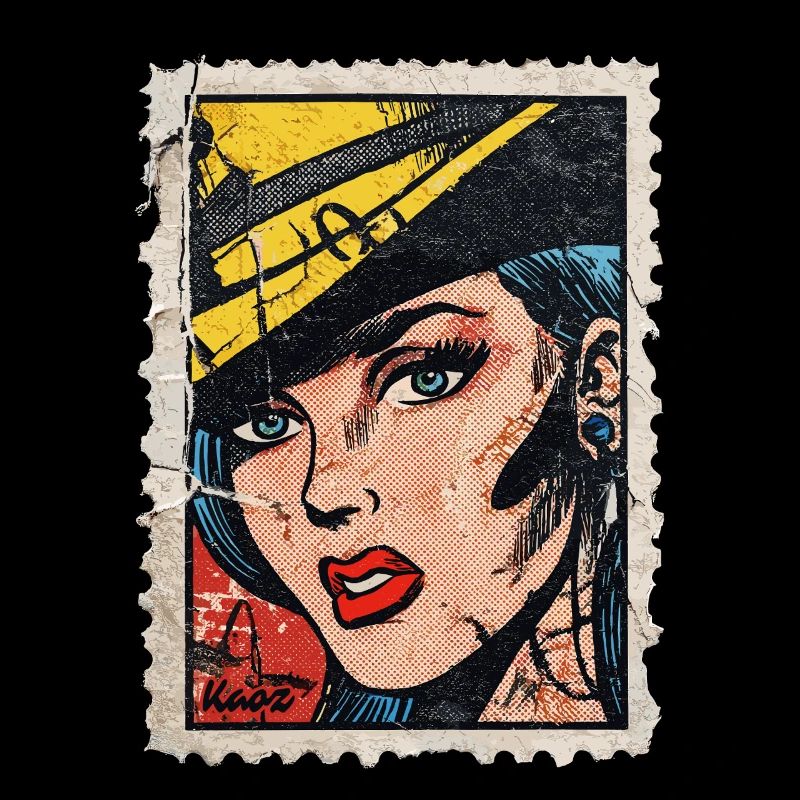 Pop Art Woman with Hat on Retro Comic Postage Stamp