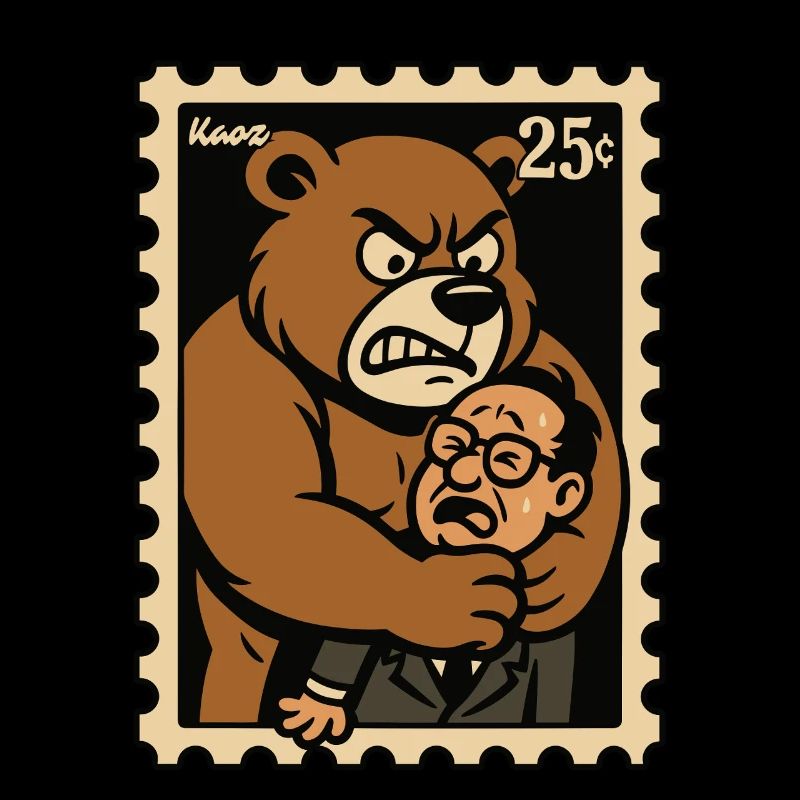Bear hugging nervous office man as retro postage stamp