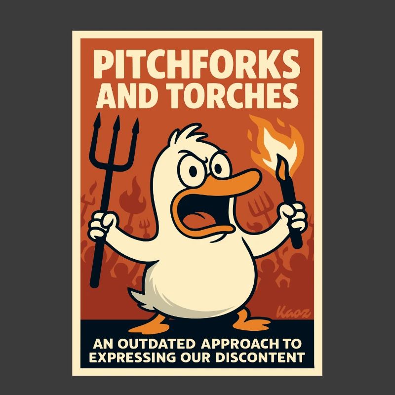 Angry duck with torch and pitchfork