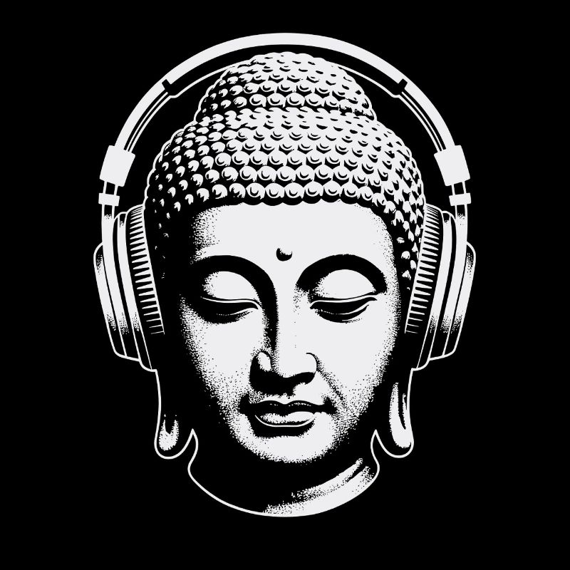 Bouddha avec casque Mindfulness Musique Boho Zen
