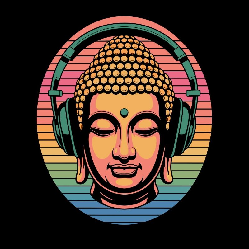 Buddha mit Kopfhörern Achtsamkeit Musik Boho Zen