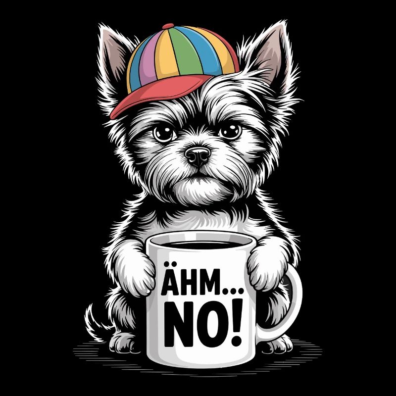 Lustiger Hund mit Kaffee und Regenbogenmütze