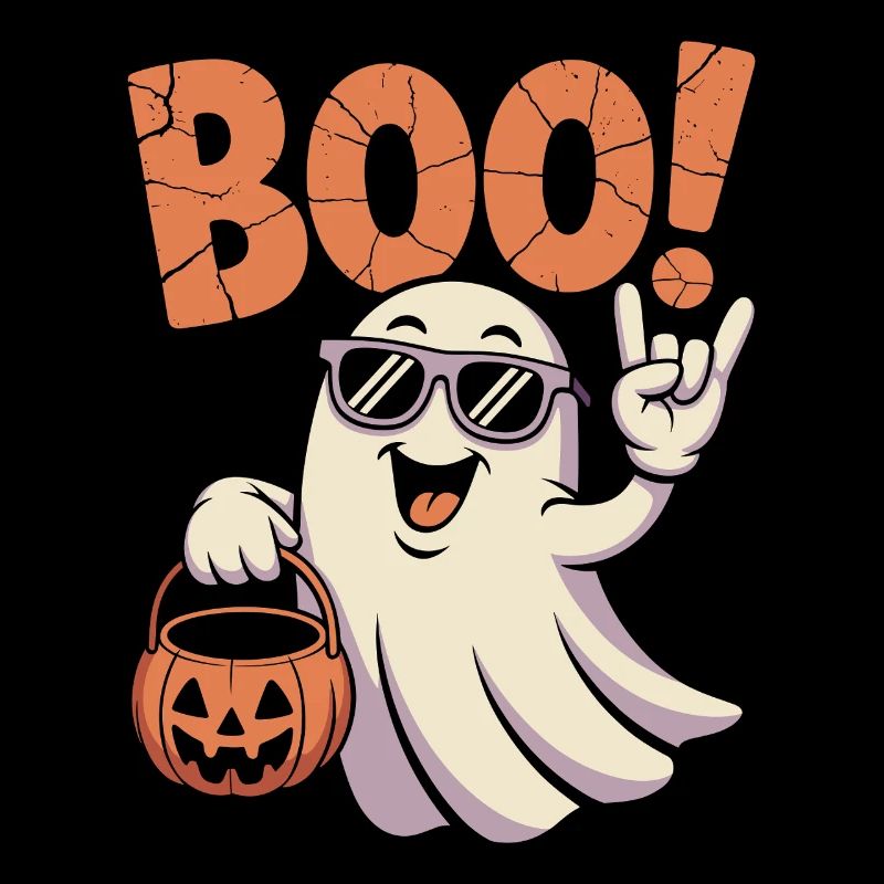 Ghost Boo drôle avec panier de citrouille et lunettes de soleil