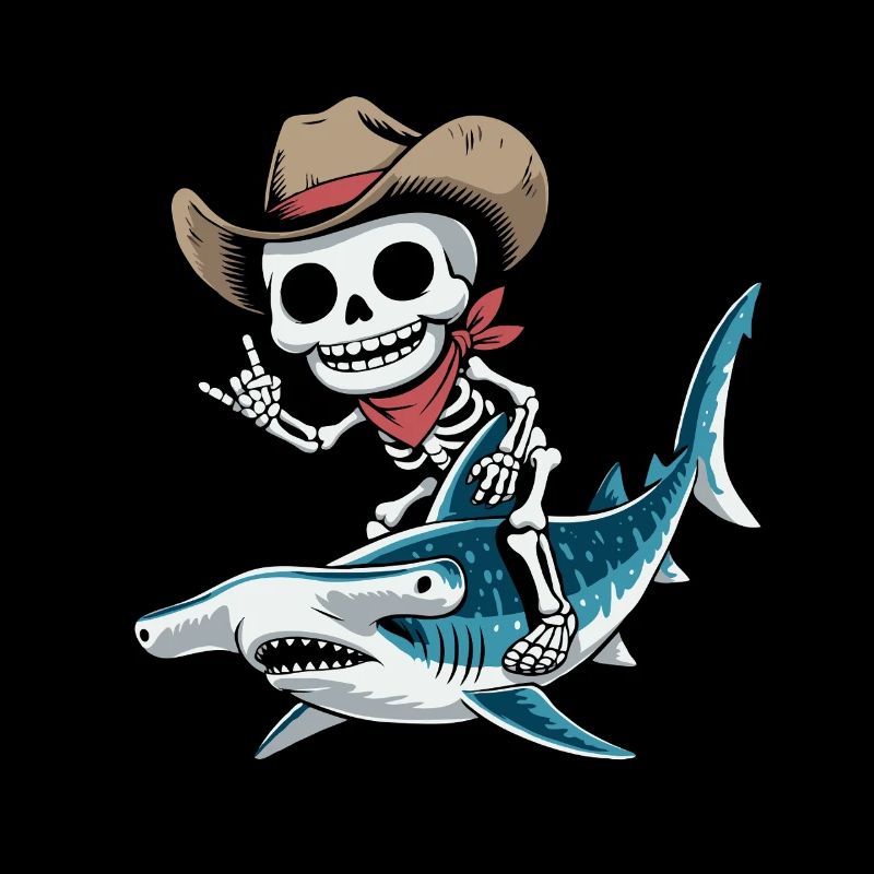 Skeleton cowboy riding hammerhead shark
