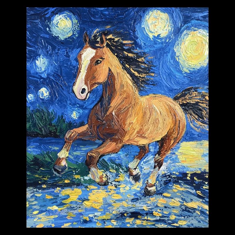 Cheval Chevaux Cavalier Style Van Gogh Nuit étoilée