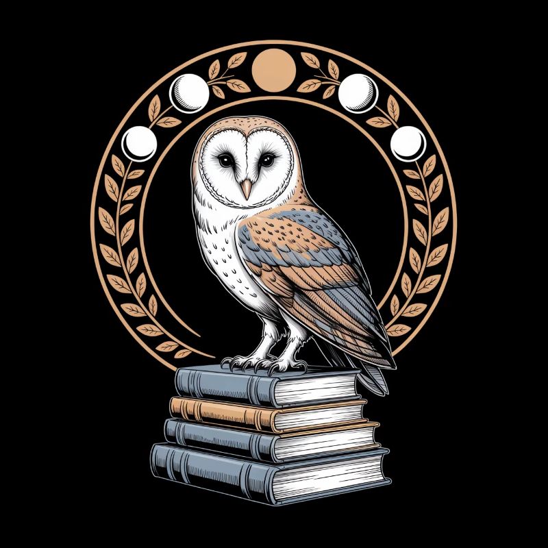Owl on books with moon phases wreath