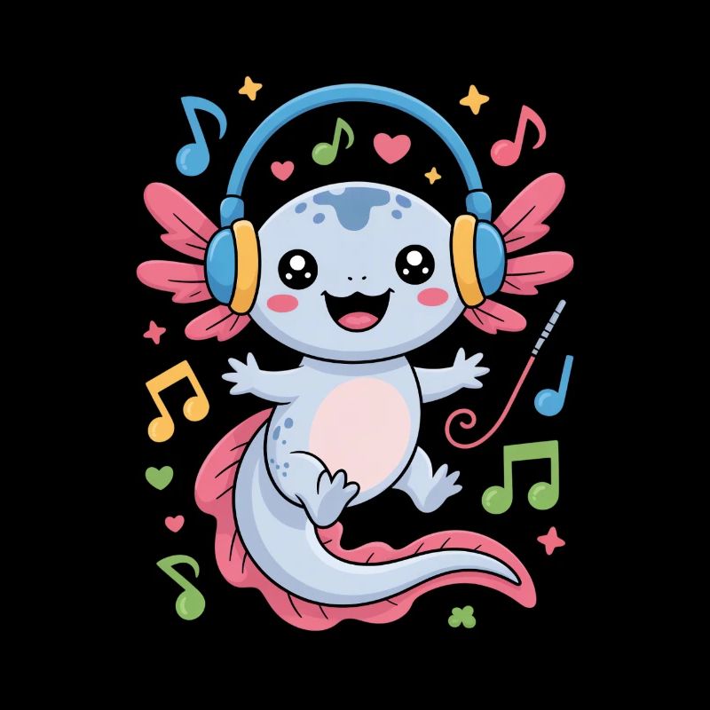 Axolotl kawaii avec casque et notes de musique