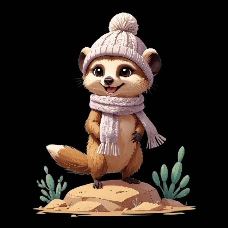 Suricate sur roche avec écharpe et chapeau
