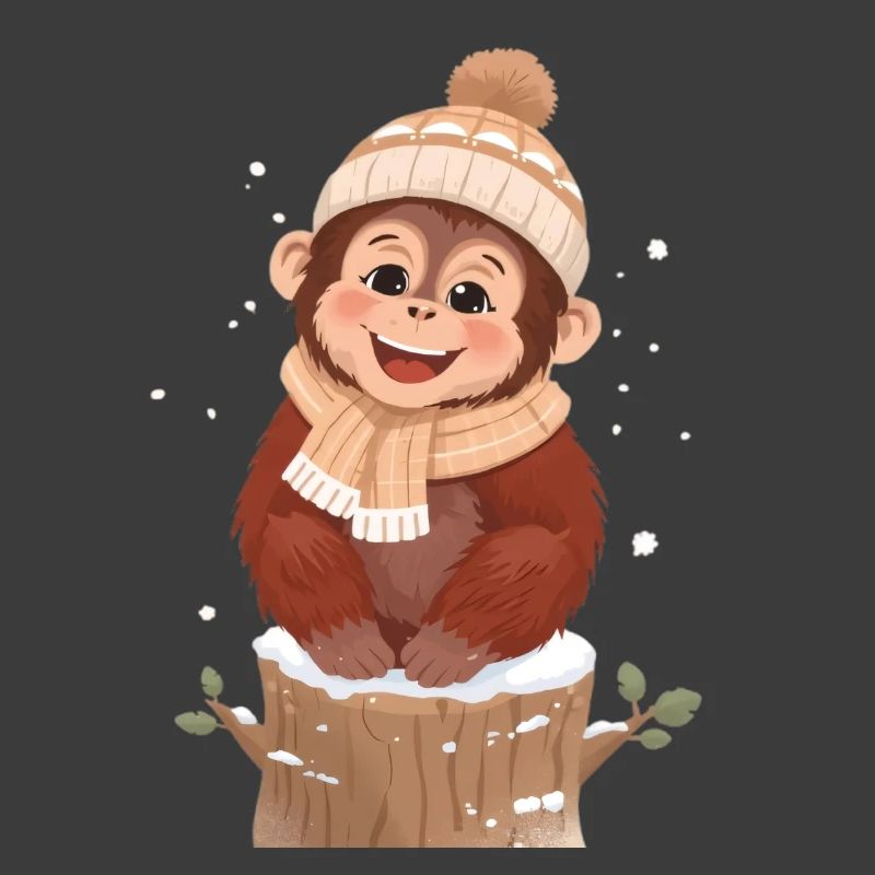 Winter monkey on tree stump