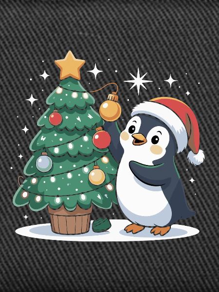 Pinguin schmückt Weihnachtsbaum