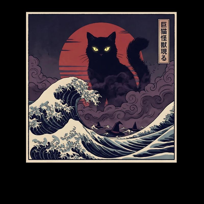Un chat Kaiju géant au-dessus des vagues 巨猫怪獣現る