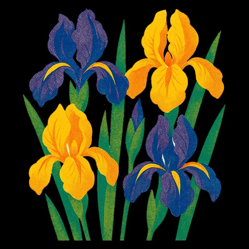Harmonie d’iris : Fleurs dorées et indigo