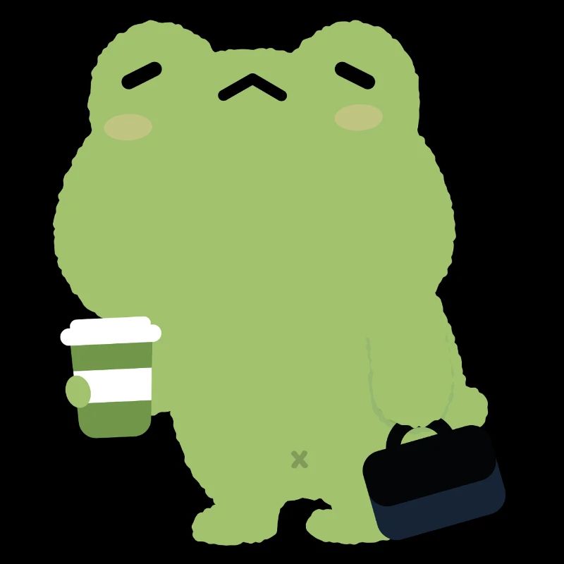 Grenouille fatiguée avec café et mallette