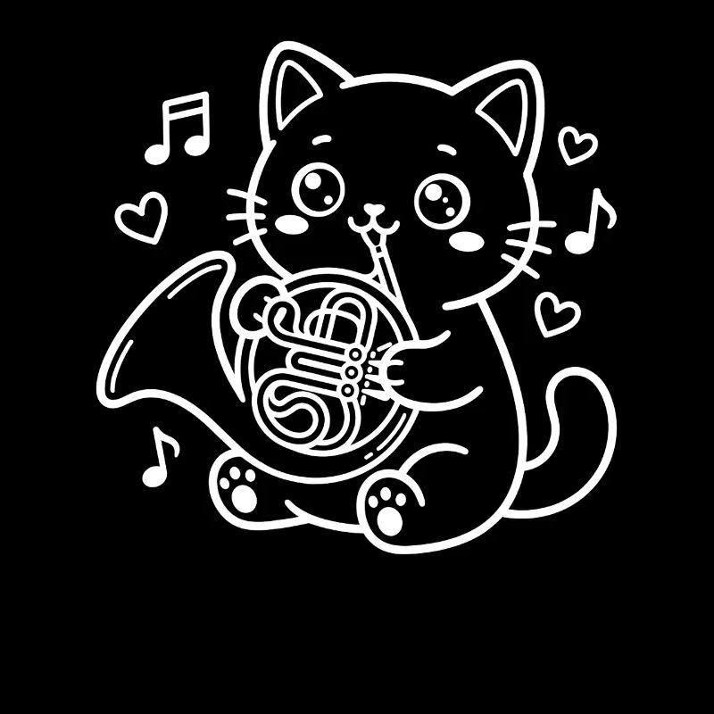 Le chat kawaï joue du cor français