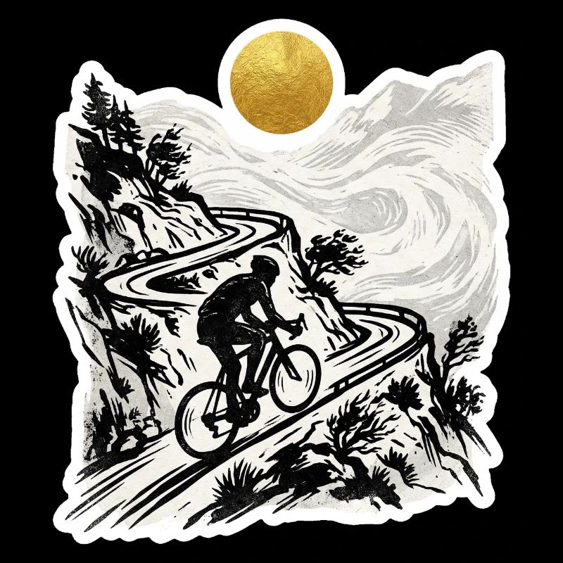 Radfahrer Bergpass Holzschnitt Goldsonne