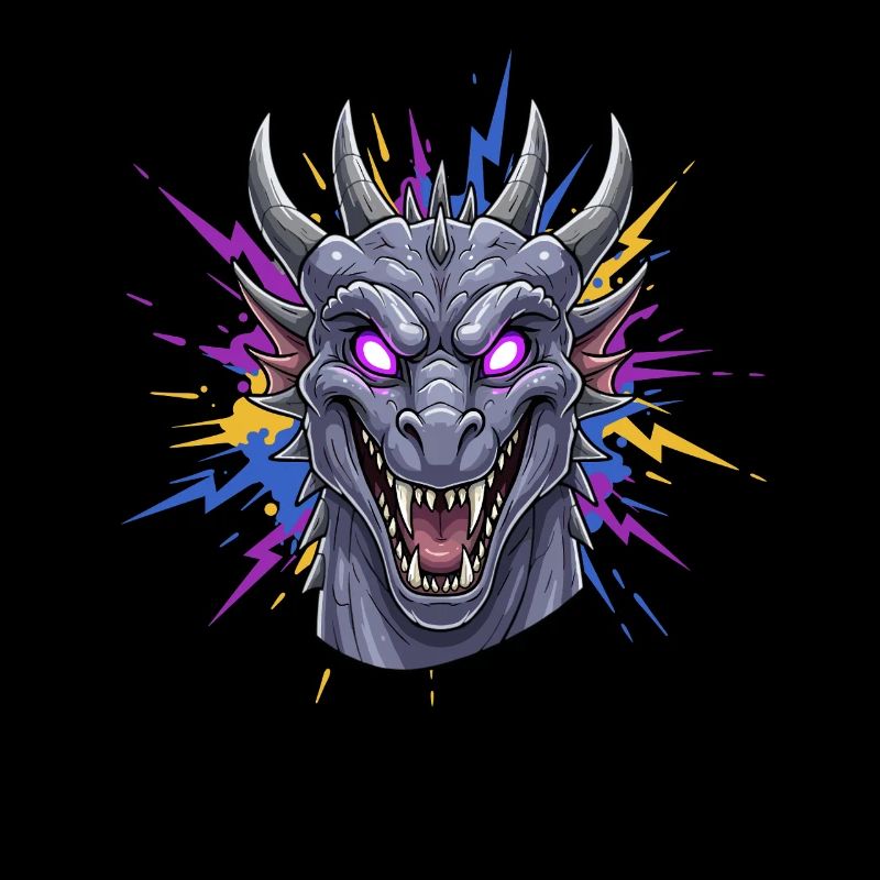 Neon Dragon Head with Paint Splashes