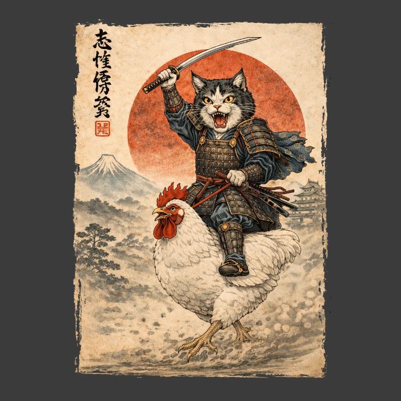 Samurai Cat Riding Chicken Japanese Ukiyoe