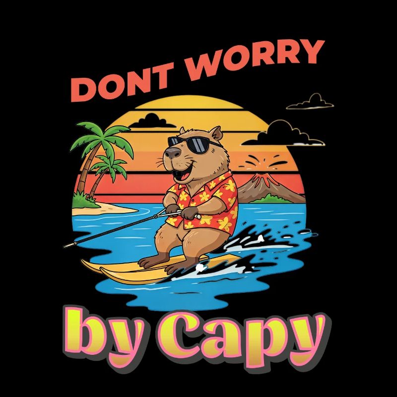 Capybara surfer at sunset