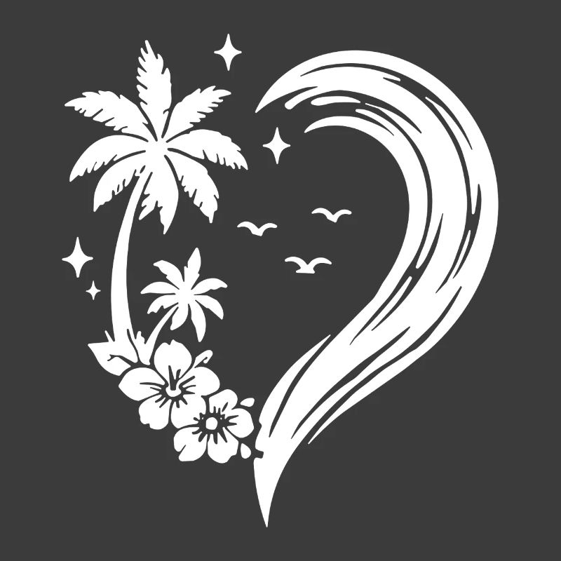 Heart Palm Tree Flowers Ocean Wave