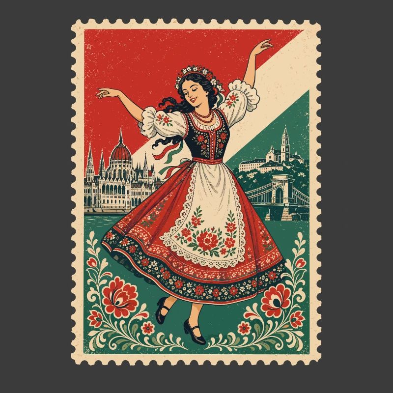 Timbre-poste vintage de danse folklorique hongroise
