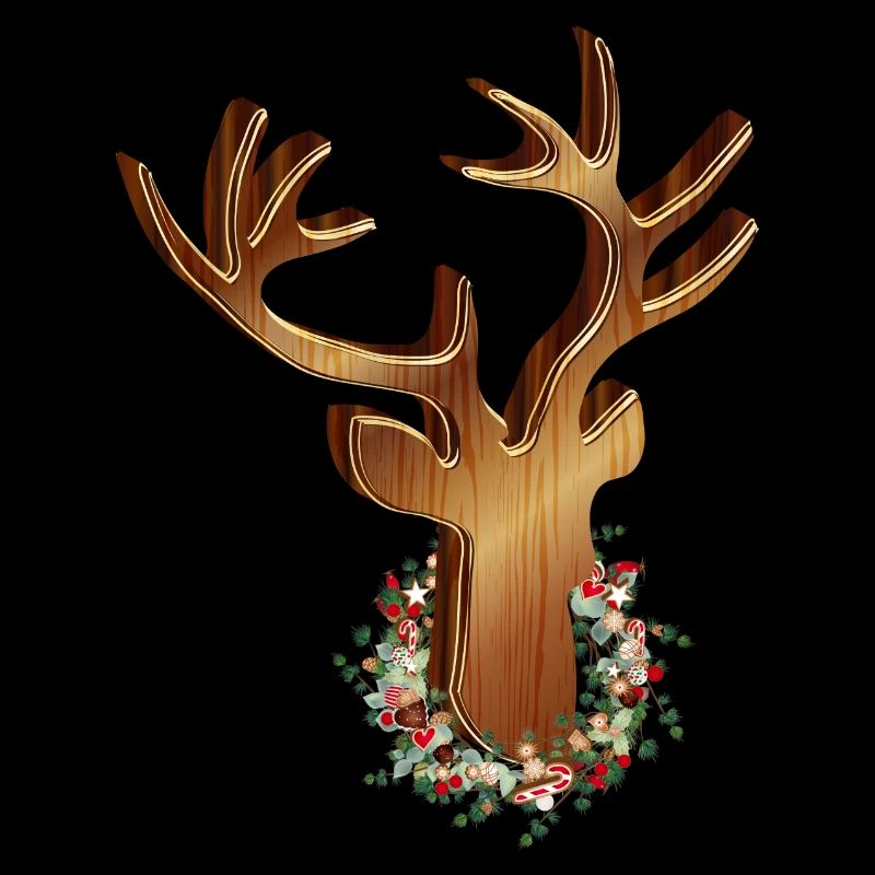 Hirschkopf in Holz Optik mit Weihnachtskranz