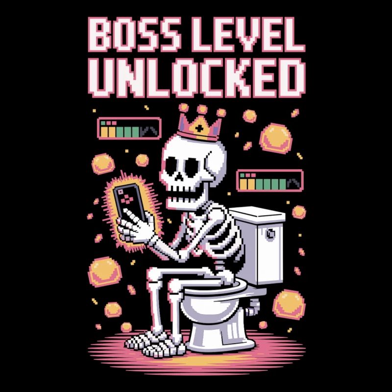 Endboss Level Unlocked – Retro Gaming Skelett auf